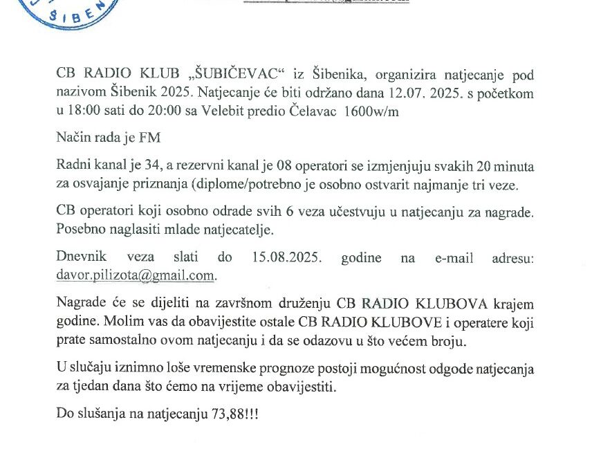 OBAVIJEST O ODRŽAVANJU NATJECANJA CB RADIO KLUBA “ŠUBIĆEVAC”