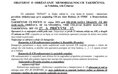 OBAVIJEST O ODRŽAVANJU MEMORIJALNOG CB TAKMIČENJA sa Velebita, vrh Čelavac 11. rujna 2021.