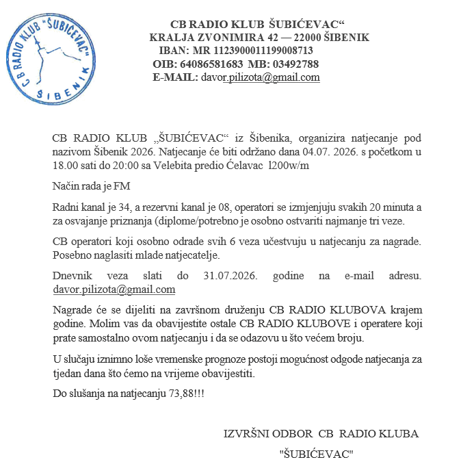OBAVIJEST O ODRŽAVANJU NATJECANJA CB RADIOKLUBA “ŠUBIĆEVAC”