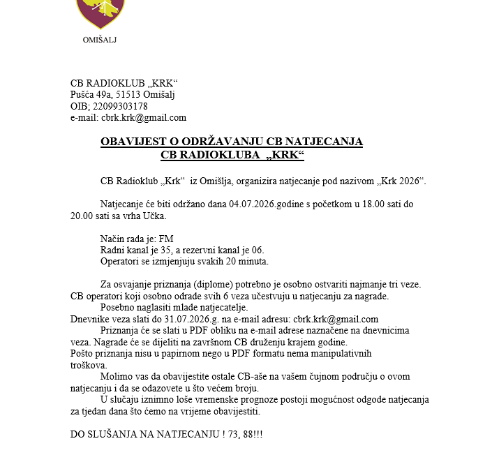 OBAVIJEST O ODRŽAVANJU NATJECANJA CB RADIOKLUBA “KRK”