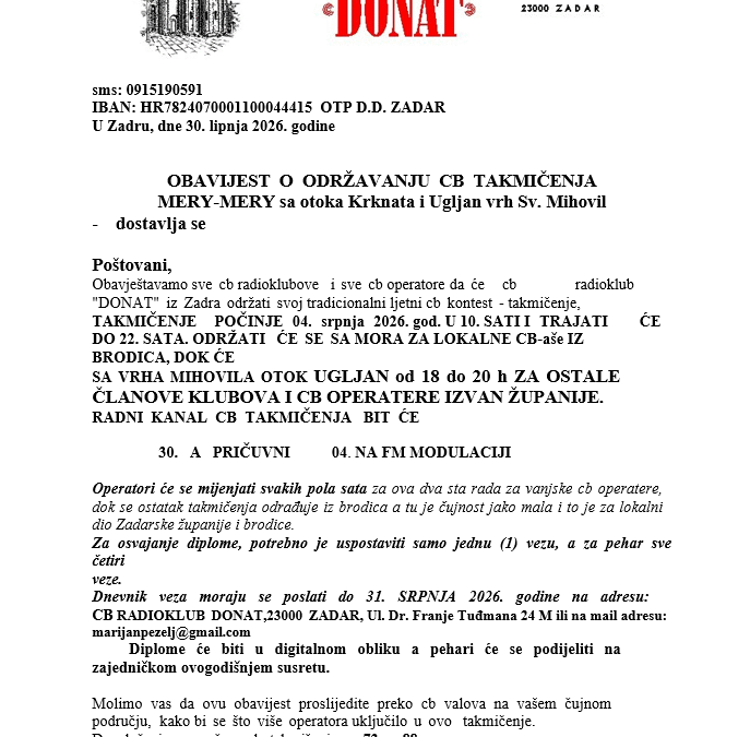 OBAVIJEST O ODRŽAVANJU NATJECANJA CB RADIOKLUBA “DONAT” MERY-MERY