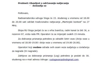 Radioamaterska udruga Sloga „Martinjski kontest” 15. studeni od 18.00 do 20.00 sati