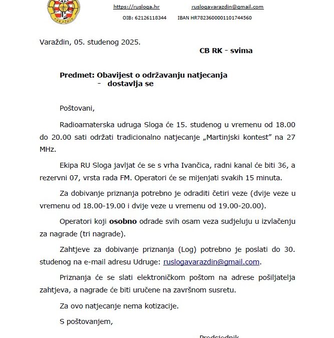 Radioamaterska udruga Sloga „Martinjski kontest” 15. studeni od 18.00 do 20.00 sati